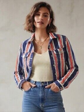 BDG Women's Navy & Red Striped Denim Jacket Retro Streetwear Festival